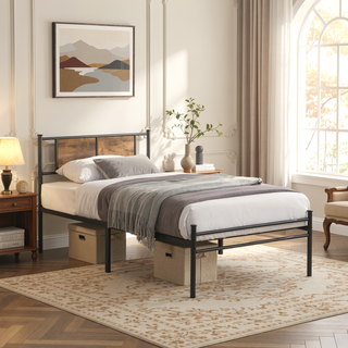 Sunvega King Size Metal Bedframe with Wood Panel Headboard and Under Storage