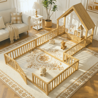 Sunvega Full Size House Floor Bed with Door and Full-Length Guardrails for Kids
