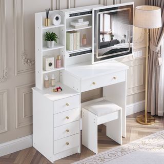 Sunvega 37 Inch Left Bedside Vanity Table with Cushioned Stool and Sliding Mirror