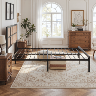 Sunvega White Faux Cane Panel Headboard King Platform Bed with Metal Frame