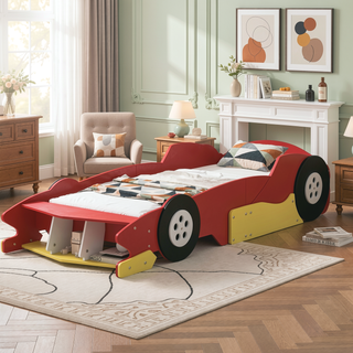 Sunvega Twin Size Race Car Platform Bed with Wheels and Safety Rails