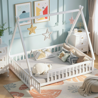 Sunvega Twin Tent Teepee Bed with Guardrails Slats and Door in Grey