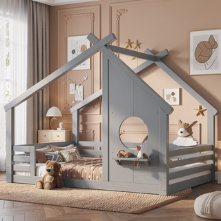 Sunvega White Twin House Floor Bed with Window and Shelf for Kids Room
