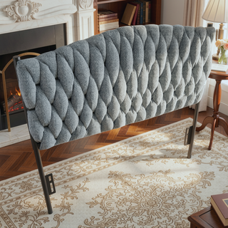 Sunvega Braided Matisse Twin Size Headboard in Black Metal and Blue Fabric