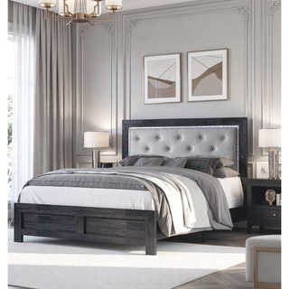 Sunvega Modern Beige Faux Leather Queen Panel Bed with Headboard Lighting