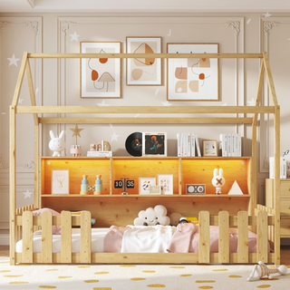 Sunvega Twin House Bed with LED Light Storage Bookshelf Guardrails for Kids Navy Blue