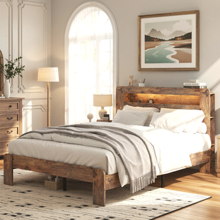 Sunvega King Size Wood Platform Bed Frame with Storage Headboard USB Charging and LED Light
