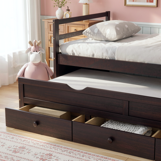 Sunvega Twin Size Pine Wood Bed with Headboard, Footboard, Trundle, and Three Storage Drawers