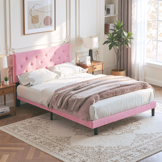 Sunvega Modern Upholstered Platform Bed Frame with Button Tufted Linen Headboard