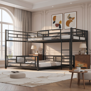 Sunvega L-Shaped Metal Twin Over Full Bunk Bed with Guard Rails