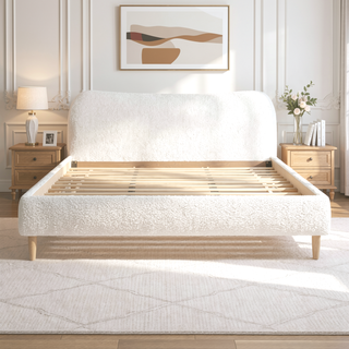 Sunvega King Upholstered Platform Bed with Curved Headboard in Oatmeal Chenille