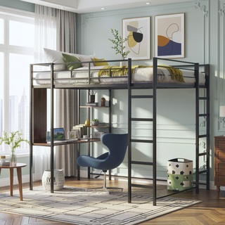 Sunvega Full Size Metal Loft Bed with Desk and 2 Shelves White
