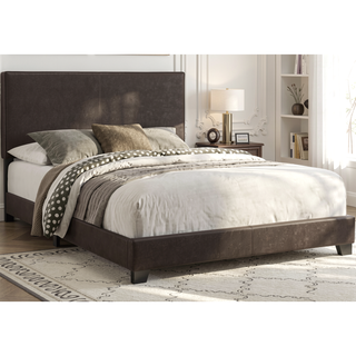 Sunvega Queen Size Upholstered Bed in Soft Dark Brown Leather-Look Material