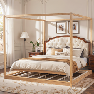 Sunvega White Queen Size Canopy Platform Bed with Support Legs and Sturdy Frame