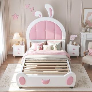 Sunvega Cute Rabbit Shaped Upholstered Twin Size Platform Bed with Sturdy Wood Construction
