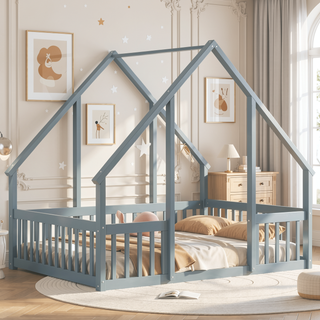 Sunvega Twin Wood House Floor Bed with Guardrail Fence in Grey