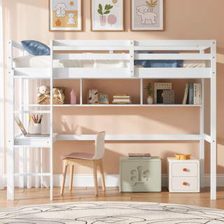 Sunvega Twin Size Loft Bed with Desk, Shelves, Safety Guardrail and Ladder in White