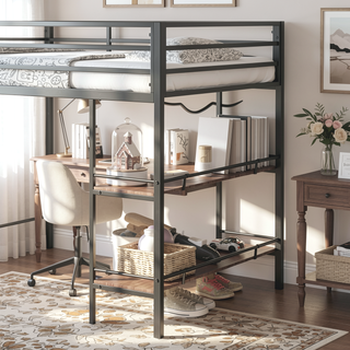 Sunvega Classic Space Saving Junior Twin Loft Bed with Shelf and Guardrails