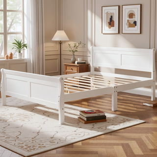 Sunvega Classic White Oak Queen Platform Bed with Headboard and Wood Slat Support