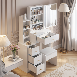 Sunvega Small Space Left Bedside Cabinet Vanity Table with Cushioned Stool
