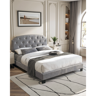 Sunvega Light Gray Burlap Button Tufted Headboard Full Size Bed with Nailhead Trim