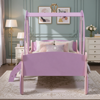 Sunvega Twin Size Princess Carriage Bed with Crown Wood Platform and Stair