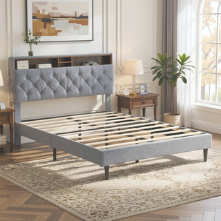 Sunvega Queen Size Upholstered Platform Bed Frame with USB Ports and Storage Headboard