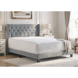 Sunvega Gray Polyester Fabric Wingback Bed with Button-tufted Details and Nailhead Trim
