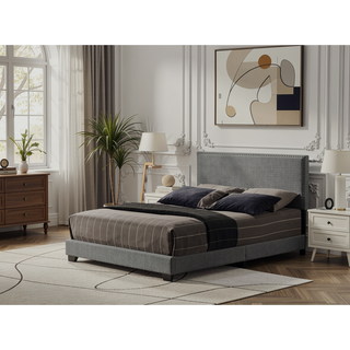 Sunvega Fully Upholstered Fabric Queen Bed with Nailhead Trim Accent and Wood Leg