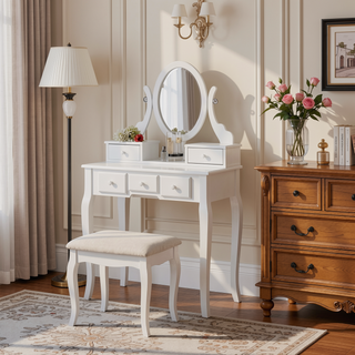 Sunvega Adjustable Oval Wooden Frame Vanity Table with Mirror and Stool