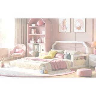 Sunvega Natural Wood Floor Bed with House-Shaped Headboard for Kids Room