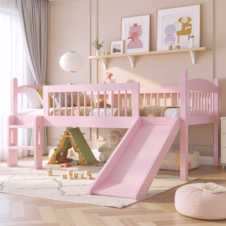 Sunvega Twin Loft Bed with Storage Shelves, LED Lights and Full Guardrails, Pink