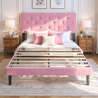 Sunvega Modern Upholstered Platform Bed Frame with Button Tufted Linen Headboard