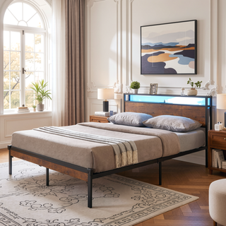 Sunvega King Size Metal Platform Bed Frame with Wooden Headboard and Footboard