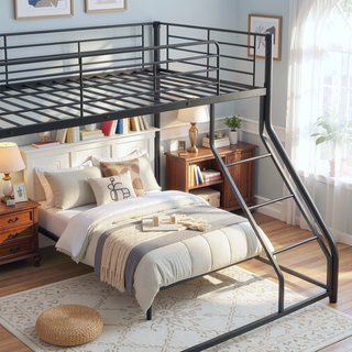 Sunvega Modern Metal Bunk Bed with Sloping Stairs Full XL Over Queen