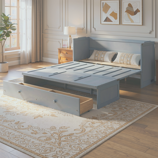 Sunvega Espresso Full Size Murphy Bed with USB Port and Large Drawer for Space Saving