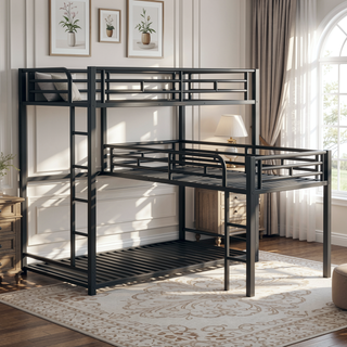 Sunvega Sturdy Metal Triple Twin Size L-Shaped Bunk Bed with Ladder