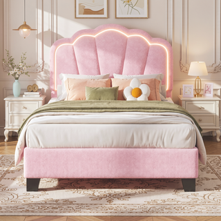 Sunvega Elegant Flower Upholstered Headboard LED Light Strip Sherpa Fabric Twin Bed