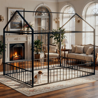 Sunvega Full Size Playhouse Metal Bed Frame with Fence for Kids and Teens