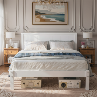 Sunvega Sturdy Wood Platform Bed Frame with Headboard for Queen Size Oak Finish