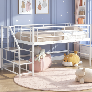 Sunvega Twin White Mid Loft Bed with Integrated Storage Stairs and Metal Frame