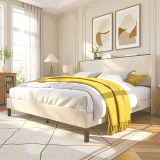 Sunvega Queen Size Metal Platform Bed with Storage Headboard and USB Charging Station
