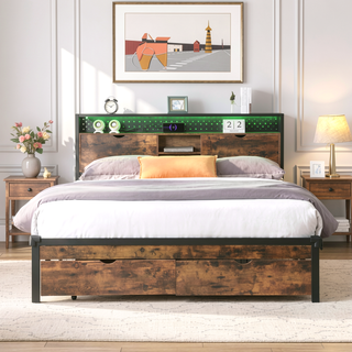 Sunvega Full Size Metal Platform Bed Frame with Wooden Headboard and Footboard
