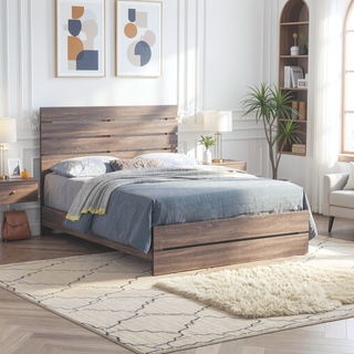 Sunvega Geary Barrel Oak Panel Eastern King Bed with Slat Structure
