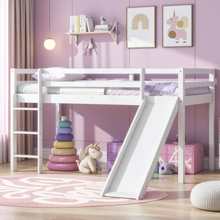 Sunvega Grey Twin Low Loft Bed with Slide, Ladder, and Safety Guardrails
