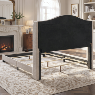 Sunvega Upholstered Eastern King Bed with Tufted Camel Back Headboard and Nailhead Trim