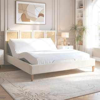 Sunvega Upholstered Platform Bed with Rattan Panels and Ivory Fabric for Bedroom