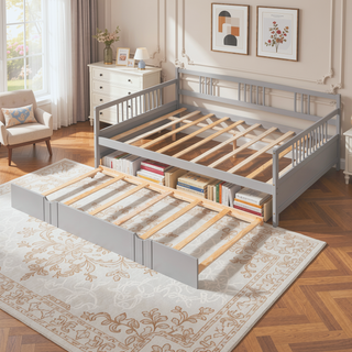 Sunvega Full Size Daybed with Twin Trundle Solid Wood Frame for Living Room