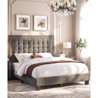 Sunvega Queen Size Upholstered Bed with Button Tufted Headboard in Brown Espresso Finish