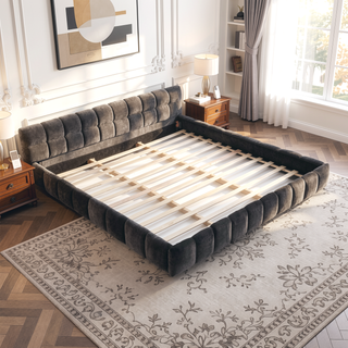 Sunvega Grounded California King Upholstered Bed Frame with Soft Chenille Fabric Headboard